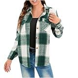 deals Women’s Plus Size Flannel Plaid Outerwear Jackets Coats Button Down Woolen Coats Fall Brushed Plaid Shirts womens corduroy jackets Green 2X