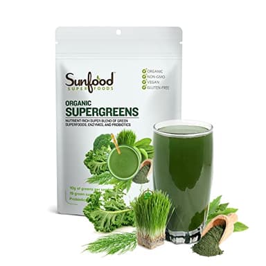 Sunfood Supergreens - Greens Superfood Powder, Super Greens Powder, Organic Greens Blend, Daily Green Juice Powder, Vegetable Smoothie Drink Mix for Gut Health with Chlorella & Spirulina - 8 oz Bag