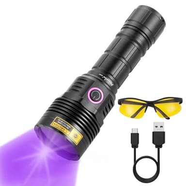 ALONEFIRE SV47 12W 365nm UV Flashlight USB C Rechargeable Long Range Black Light Pet Urine Detector for Resin Curing, Fishing, Scorpion, Minerals, Bed Bugs, Leaks with UV Protective Glasses, Battery