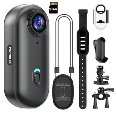4K Mini WiFi Action Camera 128GB Thumb POV Portable Body Cam Wearable Video Recorder with IPX7 Waterproof Underwater Camcorder, Helmet Mount, Magnetic Sport DV for Bike Cycling, Pet, Vlogging(Black)