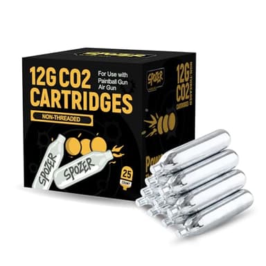 Spozer 12g CO2 Cartridges – 25 Pack, Non-Threaded Snug Fit, Compatible with CO2 BB Guns, Airguns, Air Pistols, Rifles, Airsoft, Pellet Guns, Paintball Markers & Accessories