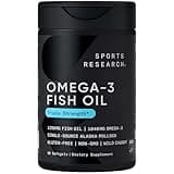 Sports Research Triple Strength Omega 3 Fish Oil - Burpless Fish Oil Supplement w/EPA & DHA Fatty Acids from Single-Source Wild Alaskan Pollock - 1250 mg, 90 ct