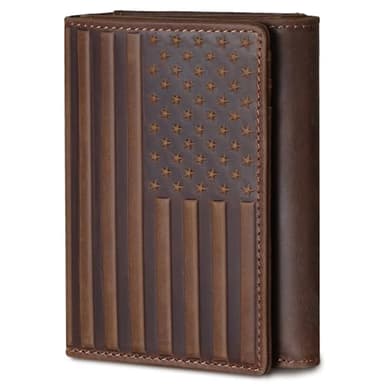 Pefiam Trifold Leather Wallet for Men RFID Blocking – Mens Trifold Wallet Leather with 12 Card Slots, Gift for Men, American Flag Wallet Dark Brown