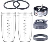 7 Pieces nutribullet Blender Cups & Blade Replacement Set 32oz Huge Cup with 1 Flip-Top To-Go Lid and 1 Lid Ring & Premium Extractor Blade with Compatible with NutriBullet 600w/900w Blender