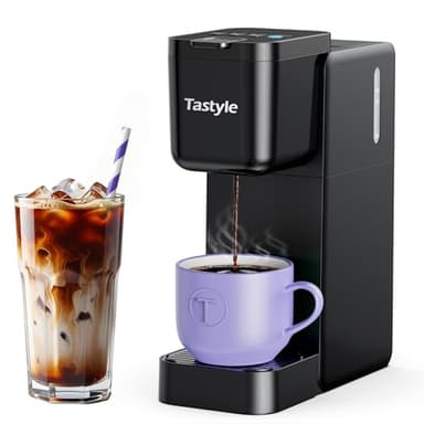 Tastyle Single Serve Coffee Maker Hot and Iced with Bold Brew, Small Coffee Machine for K Cup and Ground, Fits 7.3'' Travel Mug, Brews up to 16 Oz, 5 Cup Sizes, for Office, RV& Hotel, Elegant Black