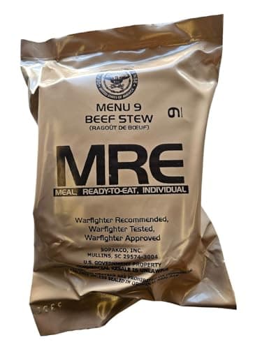 Genuine USGI Individual MRE [Meal, Ready to Eat] Inspection Date 01/2024 or Newer - You Choose Menu - Complete Ration with Entree, Snacks, Dessert, Drink Mix, Utensils, Condiments and FRH. (#9 Beef Stew)