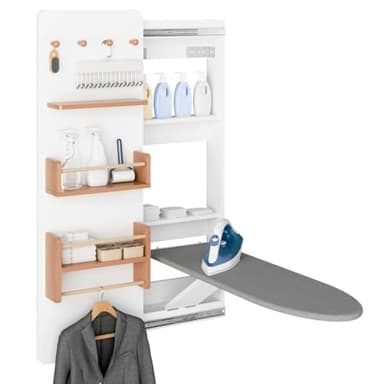 Kikihouse Wall Mounted Ironing Board Cabinet with Storage, Foldable Wall Ironing Board with Sliding Door, Wall Mount Space Saving Ironing Station for Laundry Room, Living Room, Entrance