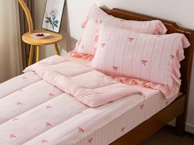 Aimuan Zipper Bedding Pink Bow Printed on Rainbow Comforter Set Set Bowknot Twin Princess Kids Zippered Bedding Set Ultra Soft (Pink-Colorful, Twin)