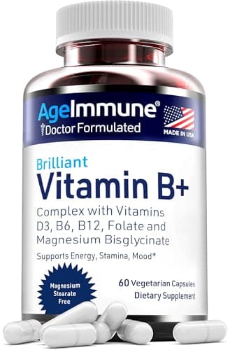 AgeImmune Vitamin B Complex with Vitamin D3 B12 B6 Magnesium Bisglycinate and Folate as Methylfolate - Doctor Formulated Methylated B Complex Supplement – 60 Capsules - Without Niacin