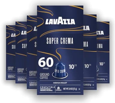 Lavazza Super Crema Aluminum Capsules Compatible with Nespresso* Original Machines, Medium Roast, Arabica and Robusta Blend (60 Capsules)