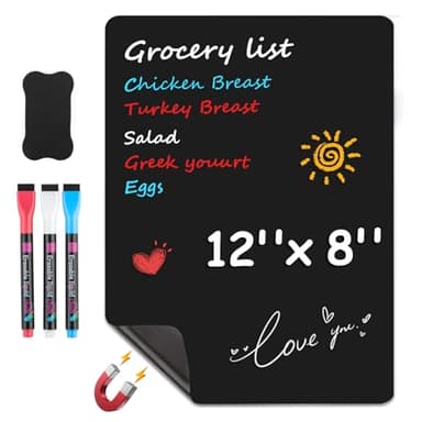 MaxGear Magnetic Black Dry Erase Board Sheet 12"x8" for Refrigerator, Small Fridge Magnetic Whiteboard for Kitchen, Fridge Shopping List for Family Planner and Grocery List, 3 Chalk Markers