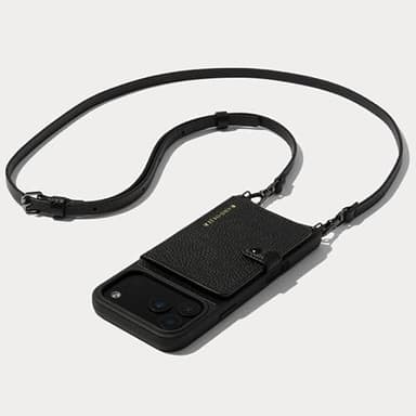 Bandolier Mila Crossbody Wallet Phone Case [MagSafe Compatible] for iPhone 17 Pro Max. 100% Genuine Pebble Leather. Adjustable & Removable Strap. Black with Pewter Hardware