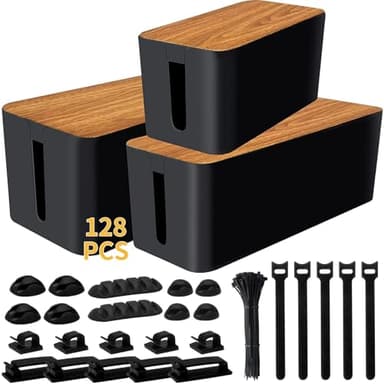 YUANYE Cable Management Box Cable Management Kit for Power Strip to Hide Wires,Cord Organizer Boxes,Safe ABS Material Wire Organizer of Cable Clips Sleeve for Home & Office,3Pack-128PCS /Black