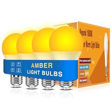 Neporal Amber Sleep Light Bulbs 1800K 4PK, 9W 60 Watt Equivalent, 99.96% Blue Blocking Soft Warm Light Bulbs A19, Amber Night Light E26 for Bedroom and Baby Nursery Light