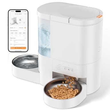 Automatic Cat Feeder and Water, 5G WiFi App Control Cat Food Dispenser, 4L Timed Pet Feeder and 3L Gravity Waterer, Voice Recording, Up to 10 Meal Daily with Dual Stainless Steel Bowl for Kitten,Puppy