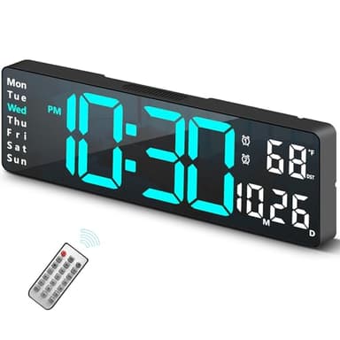Digital Clock, Digital Wall Clock for Living Room Decor, Desk Alarm Clock for Bedroom, Large Wall Clock with Remote Control, Automatic Brightness Dimmer LED Clock with Date Temperature Week (Blue-B)