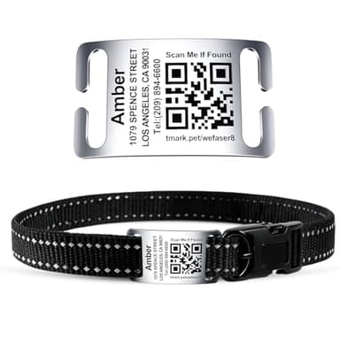 TechMark QR Code + Text Dog Tags Personalized for Pets Cats Custom ID Laser Deep Engraving Stainless Steel Ultra Durable Up to 4 Line Inputs, Polished Curved Rectangular Arch, Large for 1" Collars