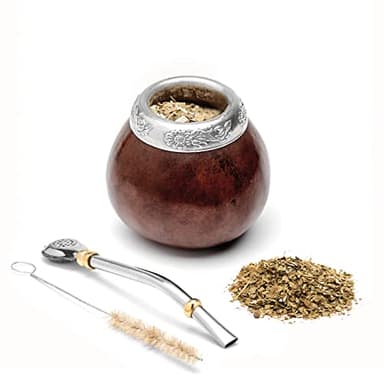 BALIBETOV Yerba Mate Gourd Set (Original Natural Handmade Yerba Mate Cup Argentina) - Includes Mate Tea Cup, Bombilla (Mate Straw) and Clean Brush - Classic Mate Cup and Bombilla (Dark Brown)