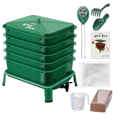Blütezeit 5-Tray Worm Compost Bin, 53QT Worm Composter Indoor & Outdoor, Worm Farm Starter Kit for Vermicomposting, Recycling Food Waste (Green)
