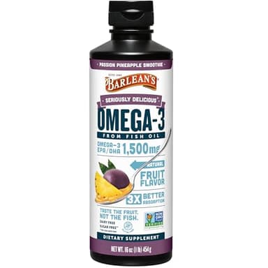 Barlean's Omega 3 Fish Oil Liquid Supplement for Men and Women, 1500mg of EPA and DHA Fatty Acid, Promotes Brain & Heart Health - Non-GMO, Passion Pineapple Smoothie, 16 oz