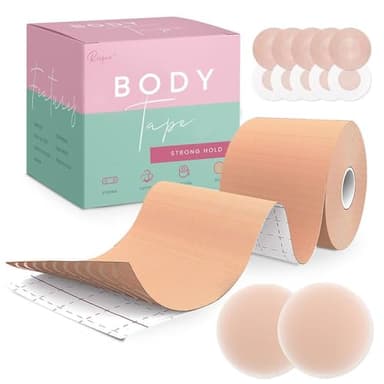 Risqué Boob Tape Boobtape for Breast Lift | Includes Nipple Covers | Body Tape for Push up & Shape | Works Great with Sticky Bra Backless Bra or Strapless Bra | Waterproof Sweat-Proof Beige