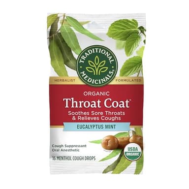 Traditional Medicinals Organic, Throat Coat Lozenges, Eucalyptus Mint with Menthol - Herbal Cough Drops, Helps Soothe Sore Throat & Relieve Cough - Non-GMO, Stimulant-Free - 16 Count