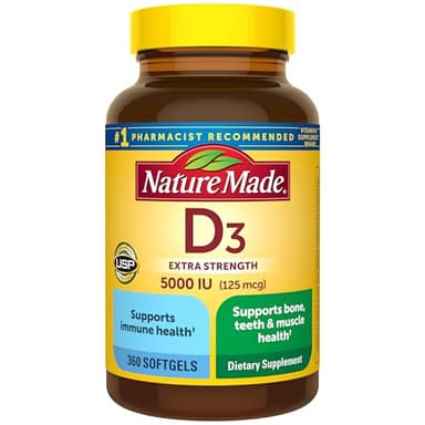 Nature Made Vitamin D3 5000 IU (125 mcg) Softgels, Extra Strength Vitamin D Supplement for Bone and Immune Health Support, 360 Count, 360 Day Supply