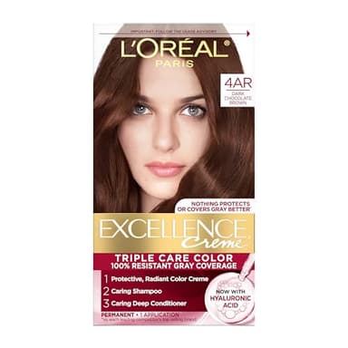 L'Oreal Paris Excellence Crème Permanent Hair Dye, Triple Care Hair Color with Hyaluronic Acid for 100% Gray Coverage, 4AR Dark Chocolate Brown, 1 Kit (Packaging May Vary)