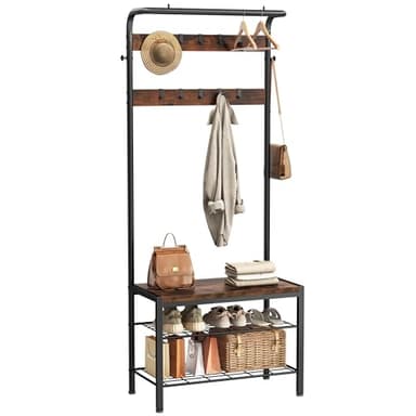 DUMOS Hall Tree with Shoe Bench and Coat Rack, Entryway Bench with Shoe Storage and Hooks, 4-in-1 Coat and Shoe Rack for Entryway, Mudroom Storage Organizer with Shelves, Rustic Brown