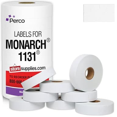 Perco White Pricing Labels for Monarch 1131 Price Gun - 1 Sleeve, 8 Rolls, 20,000 Price Marking Labels - with Ink Roll Included