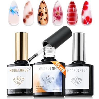 modelones Gel Base Top Coat Set with Blomming Gel, 3 Pcs 15ML Clear Tortoise Bloom Marble Aura Painting Nail Art No Wipe Super Shiny Top Base Coat Soak Off U V DIY Manicure Gift for Women