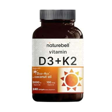 NatureBell Vitamin D3 K2-240 Softgels - 5,000 IU Vitamin D3 & 100mcg Vitamin K2 MK-7 - with Virgin Coconut Oil - Bone, Heart & Immune Health Support* - Duo-Ack Formula