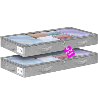 punemi Under Bed Storage Containers, Below 4 Inches Tall Low Profile Underbed Storage, NO STRUCTURE, Soft Foldable Underbed Cloth Storage Bags, Zipper Blanket Storage Container, 2Pack, 20x40x3.7in