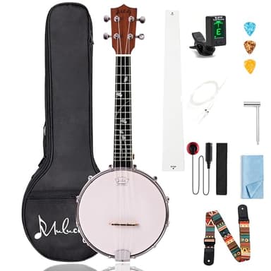 Mulucky 4-String Banjo Ukulele | Banjolele 23" Sapele Wood with Remo Head & Nylon Strings | Dark Brown Travel Kit (Bag, Tuner, Picks) - MBU-806