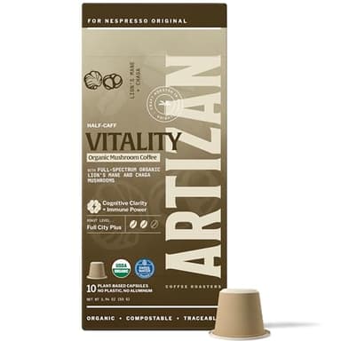 Artizan Organic Lion’s Mane & Chaga Mushroom Coffee Pods for Nespresso Original Line | Cognitive Clarity + Immune Power | 10 Compostable Espresso Capsules