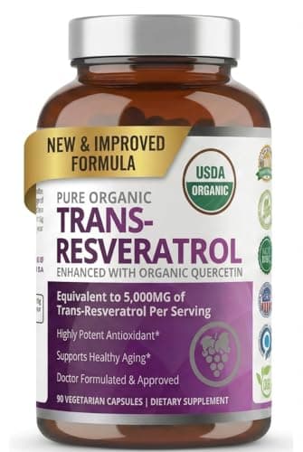 Purity Labs Trans-Resveratrol Supplement 5,000 mg Equivalent per Serving with Quercetin, USDA Organic High Potency Antioxidant, Vegan Capsules, 90 Count