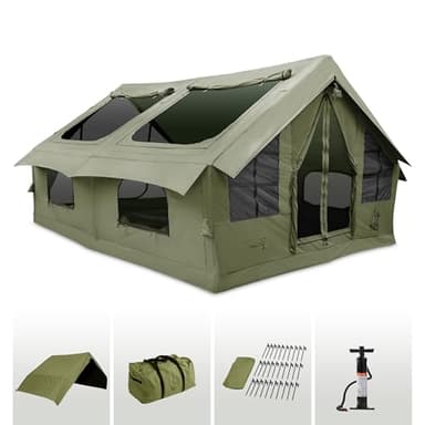 Rbm Outdoors Panda Inflatable Tents for Camping with Stove Jack, Canvas Blow Up Tent 2-6 Person, Easy Setup Inflatable Shelter, Waterproof Hot Air Tent with Hand Pump (Forest Green, Large)