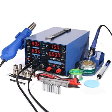 YIHUA 853D USB 3A-Three Tools- Soldering Station, Hot Air Rework Station and Power Supply 0~3A, 0-15V with output and test modes. Also ºC/°F display, Digital Cal, Sleep Function