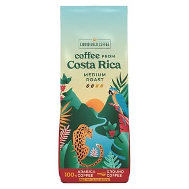 Liquid Gold Coffee from Costa Rica, Medium Roast Ground, 1 bag (12oz), Fair Trade, 100% Fresh Arabica Beans, Single Origin Specialty Coffee, Sourced from Coopeagri Farm, Small Batch Roasted, Made and Roasted in USA