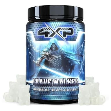 4XP Gravewalker White Gummy Gaming Energy Drink Mix| Low-Caffeine Nootropic Powder with B Vitamins & White Gummy Flavor for Gamers | 50-Serving Container