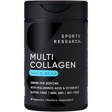Sports Research® Multi Collagen Pills for Women & Men - Collagen Peptides (Type I, II, III, V, X) Enhanced with Hyaluronic Acid & Vitamin C - Gluten Free ­· Non-GMO - 90 Capsules