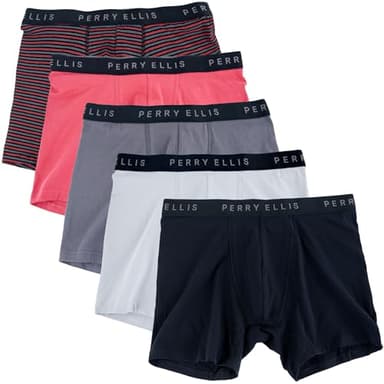 Perry Ellis mens Perry Ellis Men's Cotton Stretch Boxer Briefs, Tagless, No Roll Waistband, 5 Pack Base Layer Underwear, Iron/Cloud Grey/Berry Merlot/Berry Stripe/Midnight Black, X-Large US