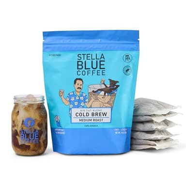Stella Blue Cold Brew Coffee Bags, Big Cat Blend, Medium Roast Ground Coffee, Smooth, Bold and Refreshing 100% Arabica, 6 Brew Packets, Makes 24 Cups, Rainforest Alliance Certified