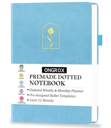 Premade Bullet Style Notebook with Undated Weekly & Monthly Planner, Dotted Journal with Pre-made Bullet Planner Stencils, Dot Grid Journaling with Habits & Mood Tracker, 12 Month Organization, A5