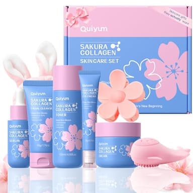 QUIYUM Sakura Collagen Skincare Set - 8-Piece Glass Skin Routine with Cleanser, Toner, Serum, Eye Cream, Moisturizer | Hydration, Firm, Glow for All Skin Types, Skin Care Gift Sets, for Mother's day
