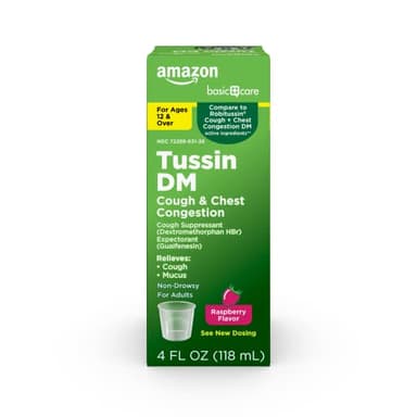 Amazon Basic Care Tussin DM, Cough Plus Chest Congestion Syrup, Non-Drowsy Expectorant, Mucus Relief, Raspberry Flavor, 4 fl oz (Pack of 1)