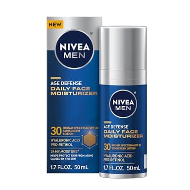NIVEA MEN Age Defense Daily Face Moisturizer with Broad Spectrum SPF 30 Sunscreen, Pro-Retinol and Hyaluronic Acid, Beard-Friendly Face Lotion Helps Defend Against UVA/UVB Rays, 1.7 Fl Oz Bottle