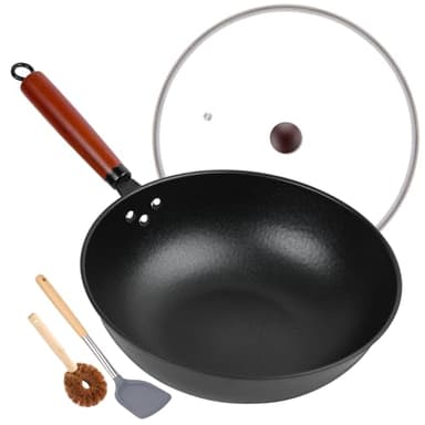 13" Nonstick Wok - Wok Pan with Glass Cover, Carbon Steel Woks & Stir-Fry Pans: Flat Bottom Chinese woks for Electric, Induction, Gas, All Stoves