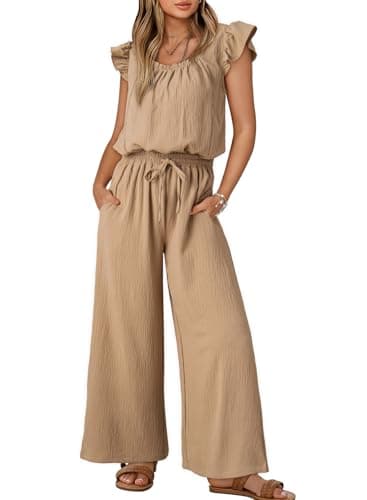 Dokotoo Lady Dressy Jumpsuits One Piece 2026 Summer Crew Neck Boho Jumpers Drawstrings Adjustable Waisted Petite Wide Leg Vacation Outfits Plus Size with Pockets,Apricot X-Large
