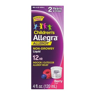 Allegra Children's 12-Hour Allergy Relief Liquid, Non-Drowsy Indoor and Outdoor Allergy Medicine, 30 mg Fexofenadine HCI Antihistamine for Kids, Berry Flavor, 4 oz